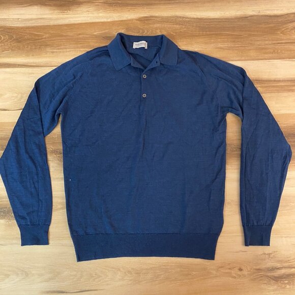 John Smedley Sweater Polo Men Large Made in England 100% Wool Blue Long Sleeve L - Picture 1 of 8